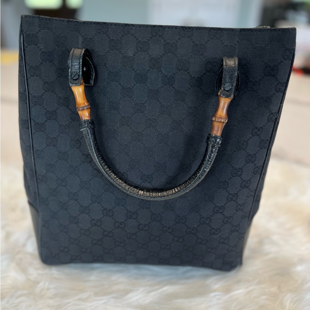 🔥 Vintage Gucci Bamboo Tote – Rare Black GG!